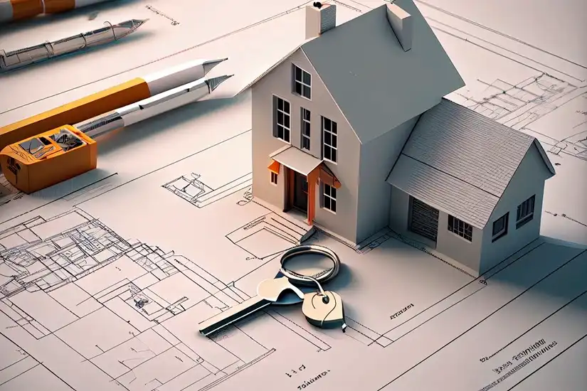 House model on top of architectural blueprints with keys