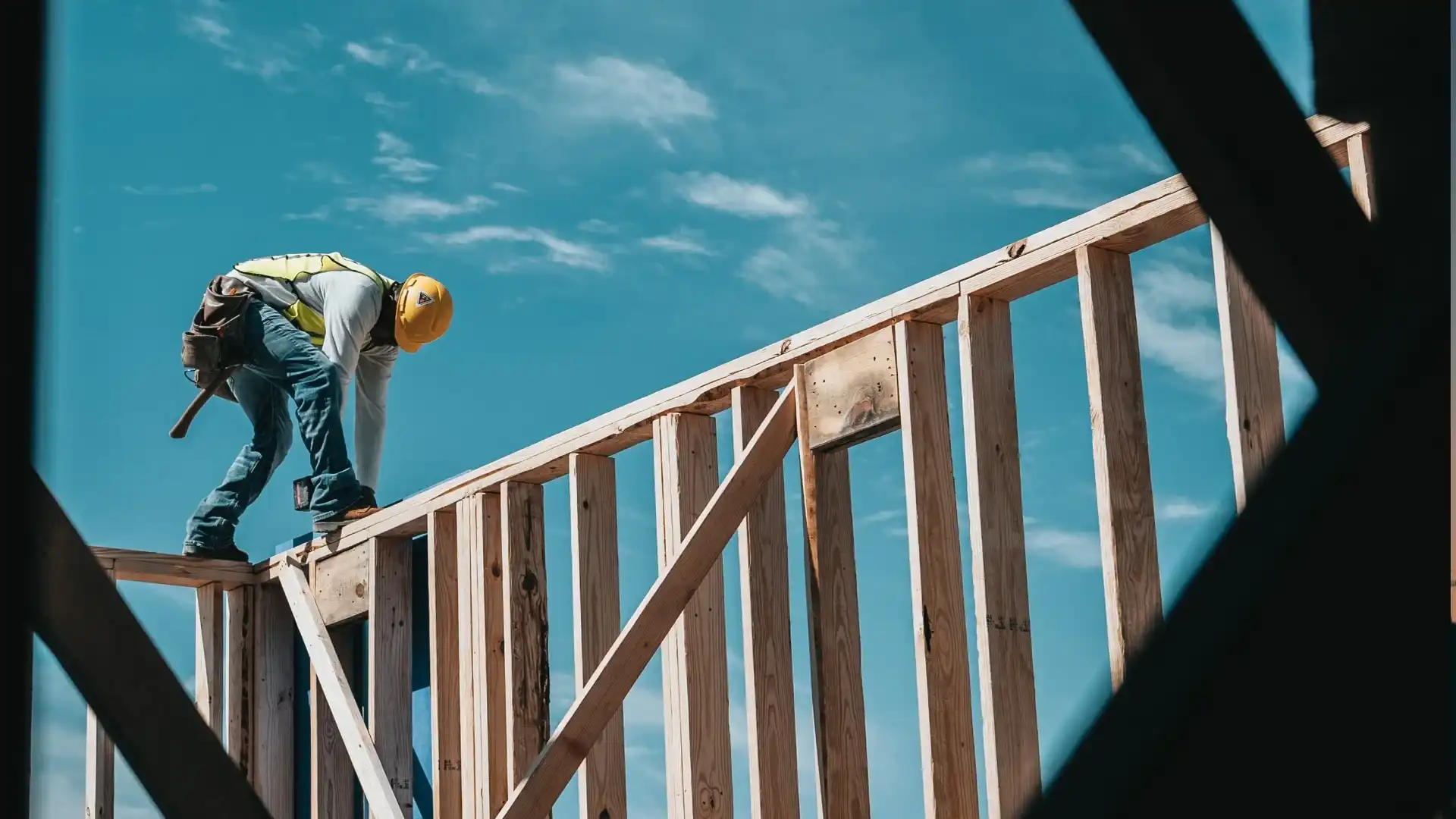 Framer working on top of a wood wall frame against a blue sky