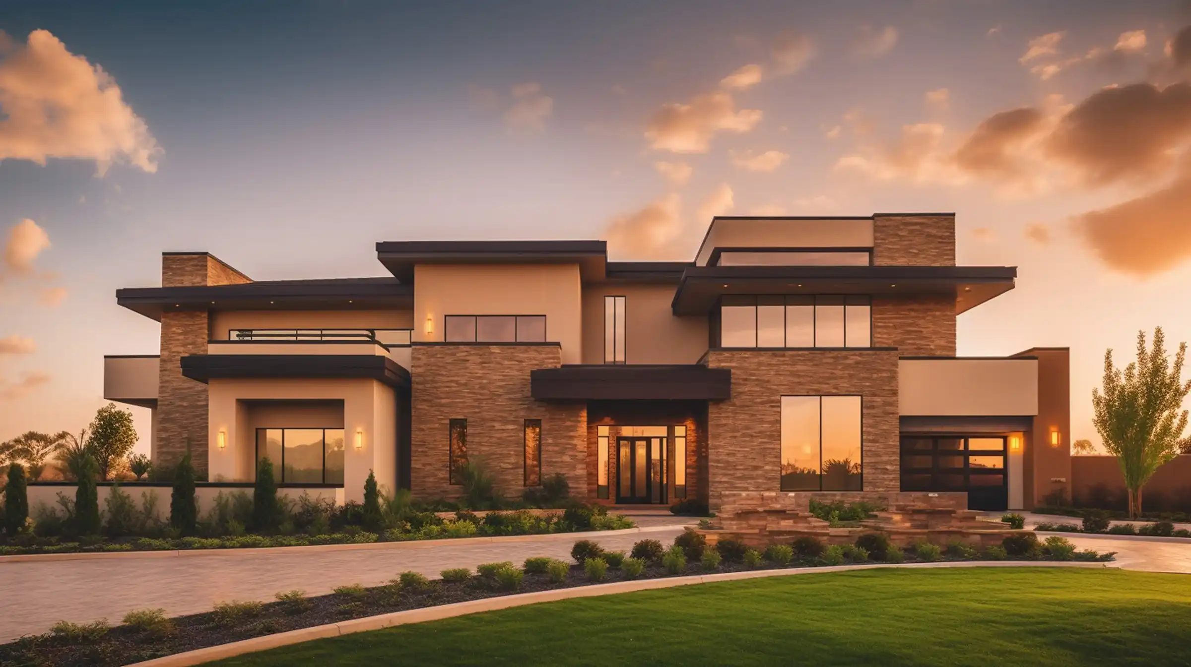 Two-story custom home with stone and stucco at sunset